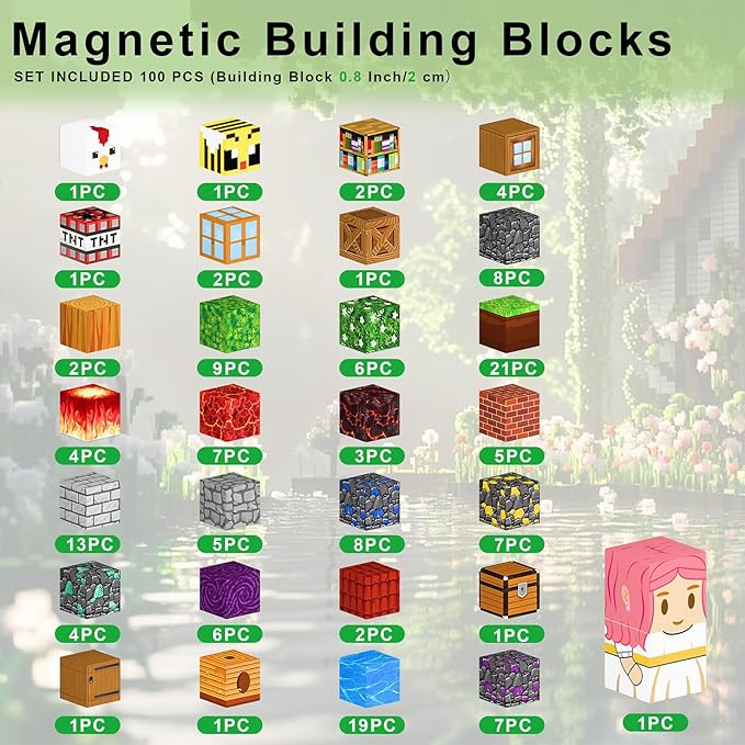 100PCS Magnetic Building Blocks Set – 0.8in Pixel World Construction Toys, Universal Compatibility, STEM Creative Play Set for Kids Ages 3+, Grass, Lava & Portal Scenes