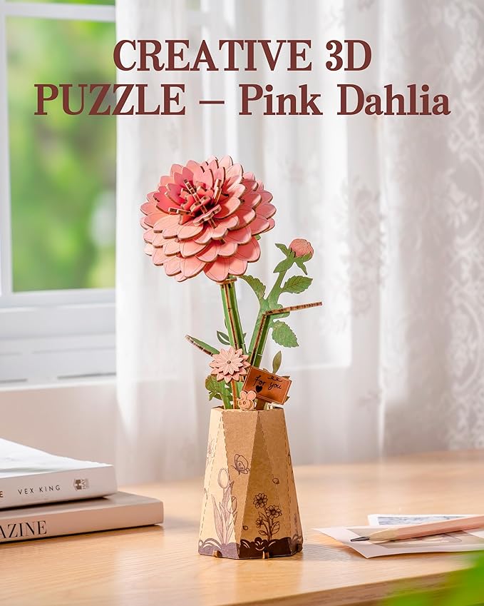 ROBOTIME Pink Dahlia 3D Wooden Puzzle - DIY Flower Craft Kit for Adults, Buildable Artificial Dahlia Model, Valentine's Day Gift for Her, Home Office Decor, Birthday Mother's Day Present