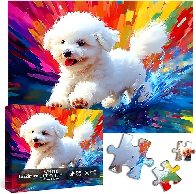 Dog Jigsaw Puzzles 1000 Pieces, Larkipuzz Cute Puppy Puzzles for Adults Bichon Frize, Impossible Gradient Colorful Rainbow Art Theme as Wall Decor