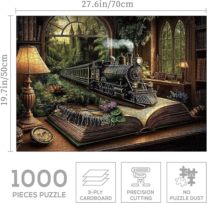 Train Fantasy Forest Puzzle 1000 Pieces for Adults, Magic Book Vintage Castle Jigsaw Puzzles, Nature Plant Tree Bookshelf Puzzles