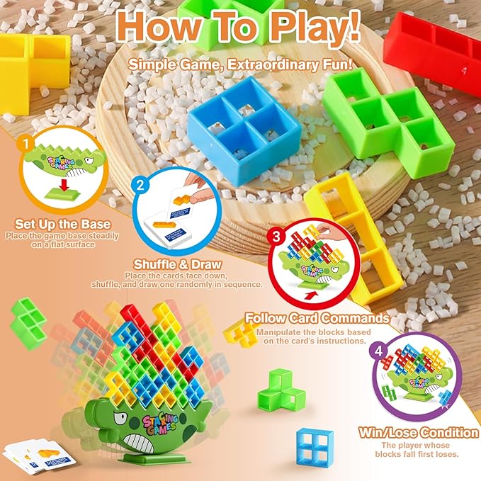 Dinosaur Tower Stack Game, 64PCS Large Smooth Blocks – Vibrant STEM Toy Gift for Kids 3+ & Adults | Stacking Balance Game Builds Focus & Creativity | Ideal for Classroom, Parties & Social Play