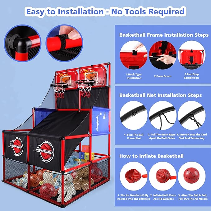 M SANMERSEN Kids Double Basketball Hoop Arcade Game Set with 6 Balls Electronic Scoreboard LED Light, Indoor & Outdoor Play, Birthday/Halloween for 3-8 Year Old Boy and Girl
