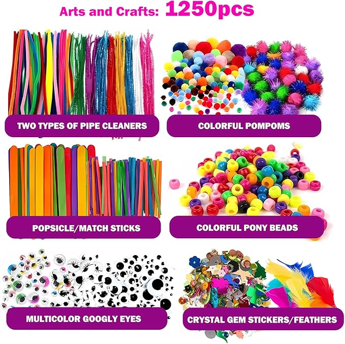 NovaWiseTech Arts and Crafts Supplies, 1200pcs Craft Kits, Pipe Cleaners Bulk, Multicolor Pom Poms Balls, Googly Eyes for DIY Craft Decorations
