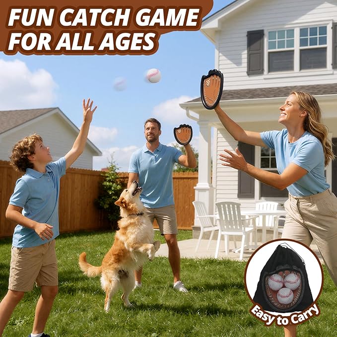 Toss and Catch Ball Set, Toddler Baseball Glove Includes 2 Paddles & 3 Sticky Balls, Catching Ball Game for Beach Yard Pool Outside, Indoor Outdoor Toys Gifts for Kids Ages 3-12, Brown