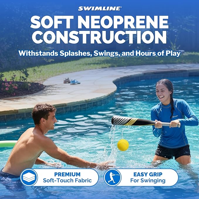 SWIMLINE Neoprene Pool & Beach Accessory for Active Group Play, Backyard Games, and Water Sports – Waterproof Soft Baseball & Bat Set, Black & Yellow