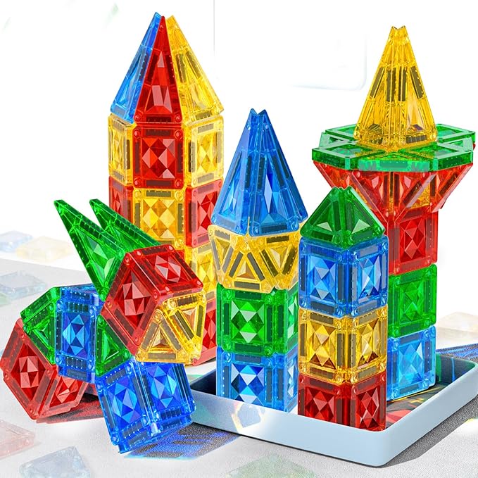 60pcs Mini Magnetic Tiles for Kids Ages 3-8,Travel Magnetic Building Blocks with Metal Storage Box, STEM Educational Toys, Montessori Sensory Learning Toys for Toddlers, Gift for Boys & Girls
