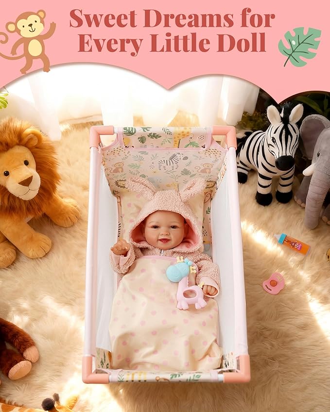 BABESIDE Baby Doll Crib for 18'' Dolls,7 Piece Baby Doll Bed with Storage Bag and Bedding Accessories, Toy Crib Doll Furniture,Reborn Baby Doll Accessories for Kids Age 3+