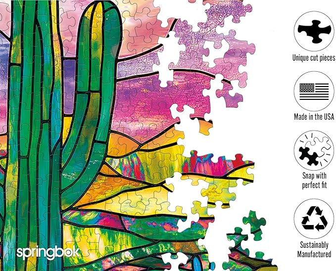 Springbok Desert Glow 500 Piece Jigsaw Puzzle for Adults - Stained Glass Cactus - Unique Cut Pieces - Made in USA