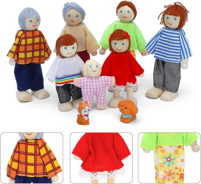 ONEST 17 Pieces Wooden Dollhouse Family Set Mini People Figures Dog Cat Sets Dollhouse Dolls Wooden Doll Family Pretend Play Figures Accessories for Pretend Doll House
