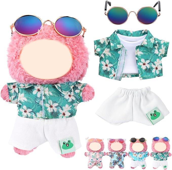 Simgoing 4 Pcs 17cm Dolls Hawaii Outfit Set Summer Floral Shirt Shorts White Vest and Mini Sunglasses Vacation Style Doll Clothes with Accessories Beach Apparel for 17cm Dolls(Gardenias Style)