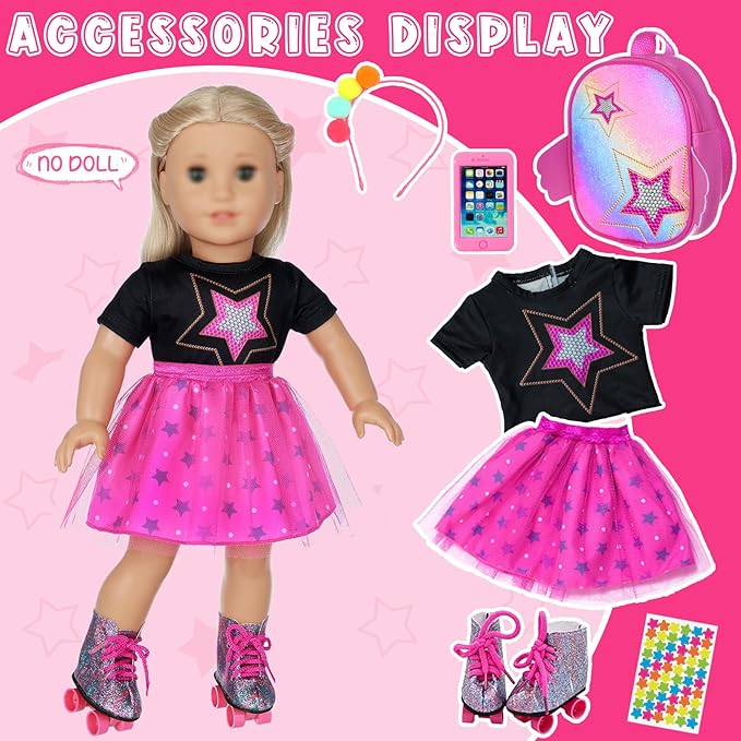 18 Inch Girl Doll Clothes & Accessories - Dress, Bag, Skating Shoes, Headband, Mobile Phone