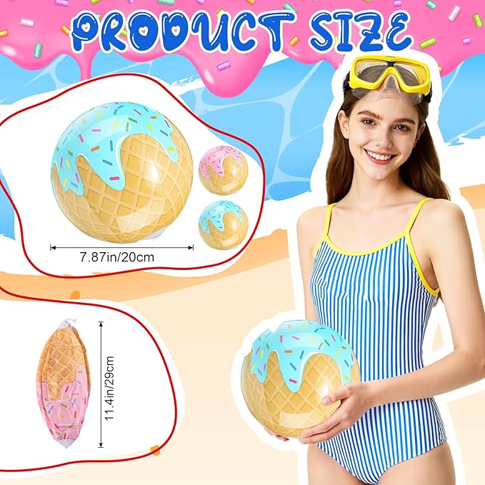 8 Pack Ice Cream Themed Beach Ball 7.87" Bulk for Summer Pool and Beach Game Gifts Birthday Party Supplies Decorations Favor Blue and Pink