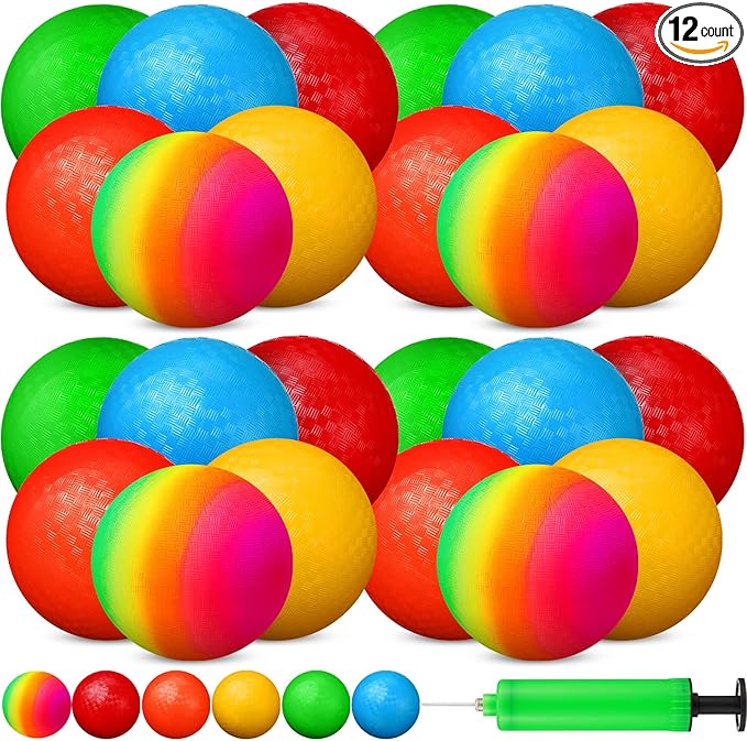 Vinsot 12 Pack 8.5 Inch Playground Balls Kickball Bulk, Bouncy Balls for Kids Inflatable Bouncing Handball with Hand Pump for Indoor Outdoor Games