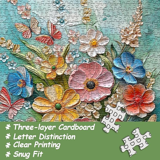 Flower Puzzles for Adults 1000 Pieces, Spring Plant Floral Jigsaw Puzzle, Butterfly Garden Wildflower Art Puzzle Painting