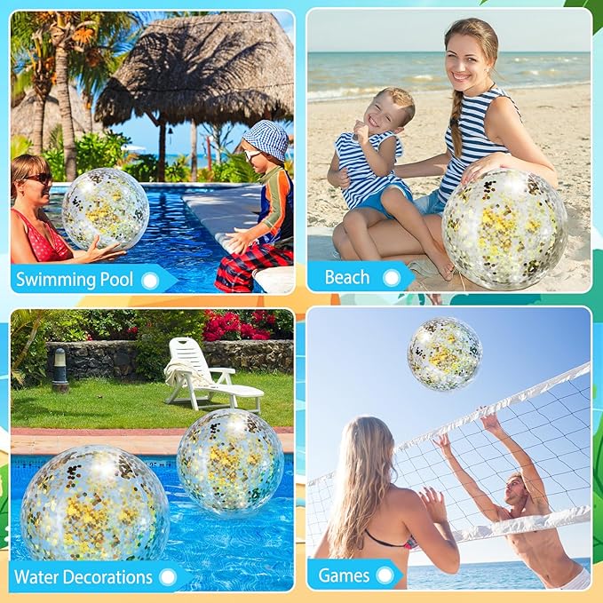 12 Pack Gold Glitter Beach Beach Balls 16" Large Inflatable Sparkly Confetti Pool Balls Glitter Pool Toys PVC Jumbo Sport Ball for Birthday Hawaiian Wedding Christmas Happy New Year Party Favor