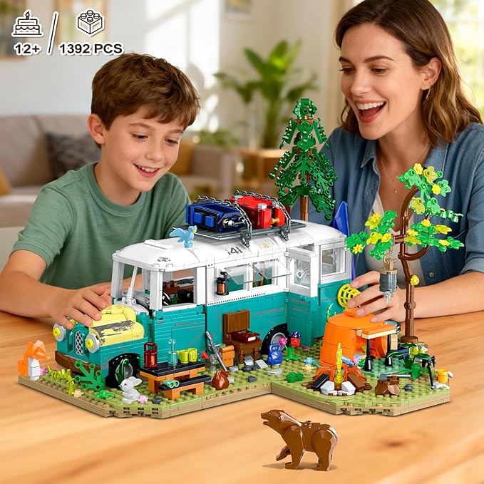 Wilderness Bus Building Set with Light, 1392PCS Camping Building Toy Kit with Removable Bus, Animals and Rich Accessories, Creative Home Decor & Display, Xmas Birthday Gifts for Adults Teens