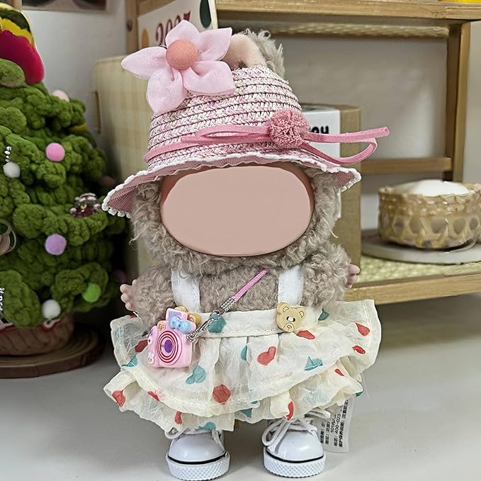 5 Set 17cm Doll Clothes, Clothes for Dolls Outfit, Accessories for 17cm Dolls Clothes Dress + Straw hat + Hairpin + Small Camera + Shoes, No Doll（Spring Pink Set）