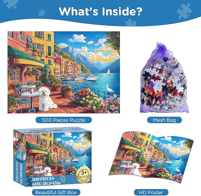 Jigsaw Puzzles 500 Pieces for Adults, Bichon Frise Flower Seagull Puzzles 500 Pieces for Adults Seniors, Dust-Free Landscape Adult Jigsaw Puzzle, Challenging Puzzle Great Gift for Friends