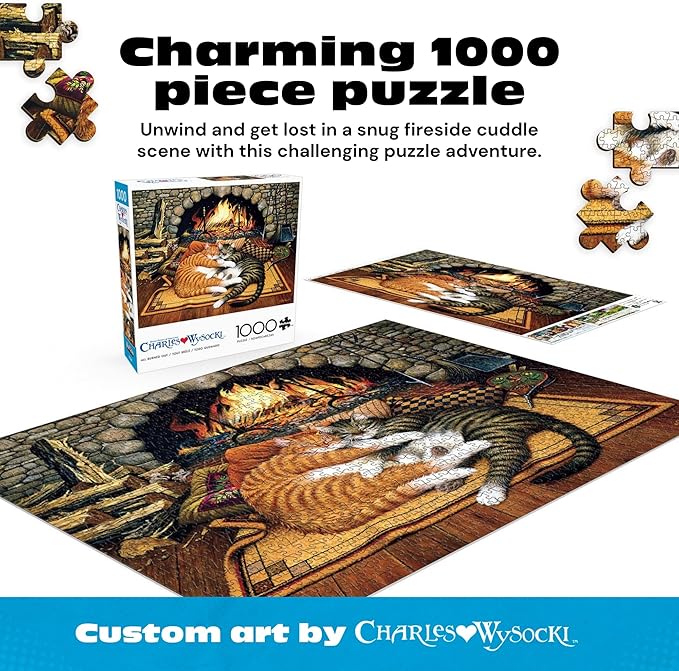 Buffalo Games – Charles Wysocki All Burned Out 1000 Piece Jigsaw Puzzle for Adults, Cozy Cat Fireplace Americana Artwork, Made in USA