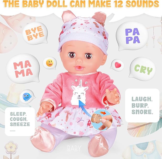 Toy Choi's Baby Doll with Baby Backpack Care PlaySet, 14'' Dolls with Accessories Includes Feeding Set, Pretend Play Toddler Toys for 3 4 5+ Years Old Girls Kids