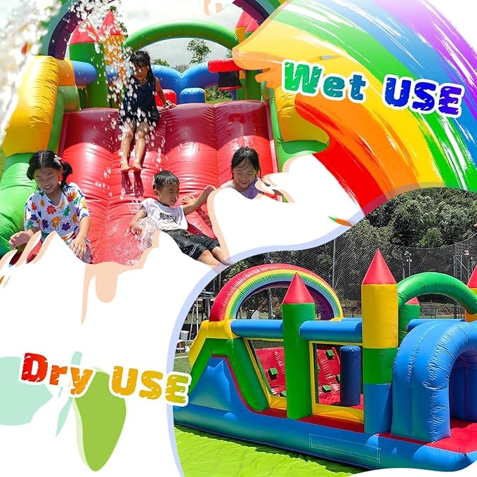 25FT Commercial Grade Bounce House for Adult, (Heavy Duty PVC)(1100W UL Blower) Inflatable Obstacle Course, with Water Slide, Splash Water Pool Ball Pit, Large Backyard Lawn Party Game