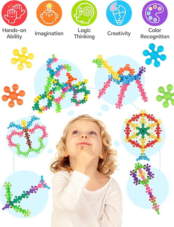 200PCS Interlocking Snowflake Building Block Toy for Kids Ages 3+, Plastic Early Learning Creativity Educational STEM Toy with Carrying Case Safe Material (Rainbow Colors)
