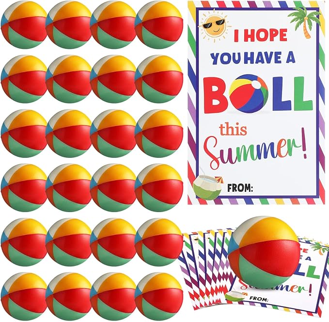 24 Sets End of Year Student Gift Small Beach Stress Balls 2.5 Inch Mini Relief Stress Swimming Pool Ball with Have a Ball Gift Card for Classroom Prizes Summer Holiday Party (Bright Color)
