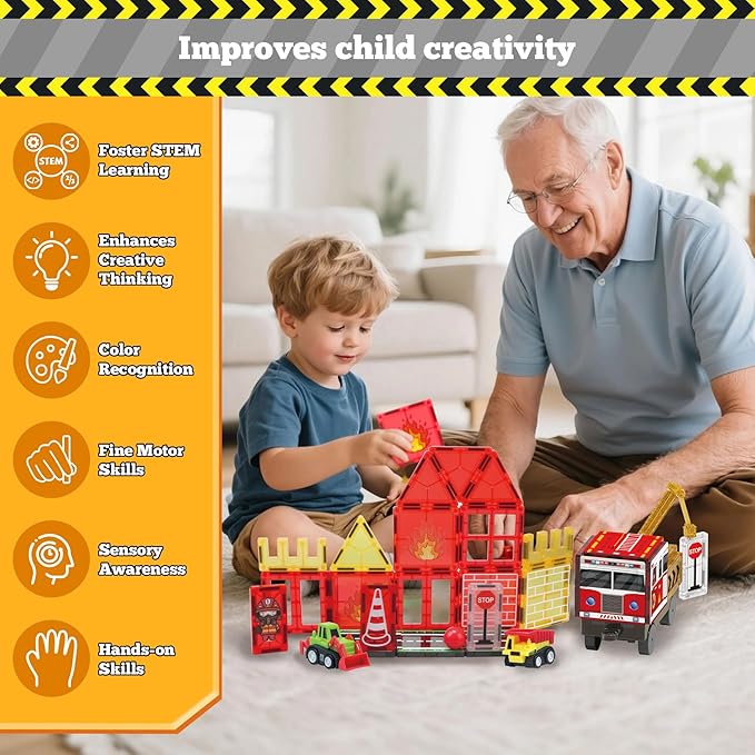 Magnetic Tiles for Kids, 56PCS Construction Magnet Tiles with Fire Truck & Station, Building, Road, Crane, and Car Truck - STEM Magnetic Blocks for Kids Ages 4-8, Toys for 4+ Year Old Boys Gifts