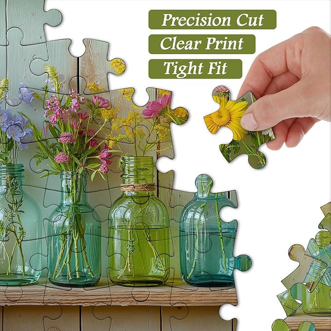 Wildflower 1000 Piece Puzzle for Adults, PICKFORU Whispering Blooms Summer Flower Garden Jigsaw Puzzle, Challenging Retro Vibrant Sunflower Vase Theme as Home Decor