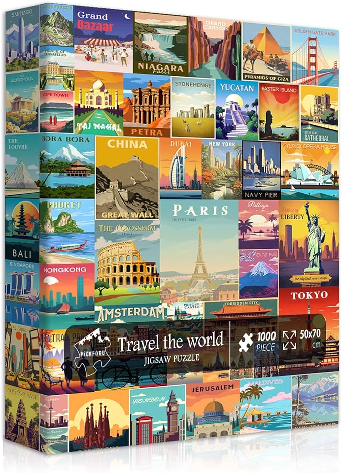 Vintage World Travel Puzzles for Adults 1000 Piece, Colosseum Eiffel Tower Landscape Poster Puzzle Landmarks, Scenic Jigsaw Puzzles for Adults Paris Italy Scenery