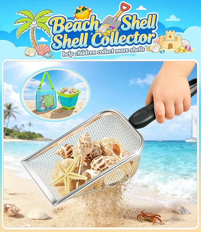 DISHIO Beach Toys for Kids, 25 Pcs Metal Sand Sifter & Collapsible Beach Buckets Set, Stainless Steel Sand Shovel, Sandcastle Building Kit with Mesh Bag, Travel Sand Toys for Toddlers Age 3-10