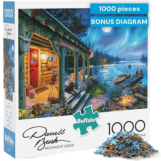Buffalo Games - Moonlight Lodge - 1000 Piece Puzzle for Adults, Darrell Bush Lake Cabin Jigsaw with Poster, Premium 1000 Piece Jigsaw Puzzle