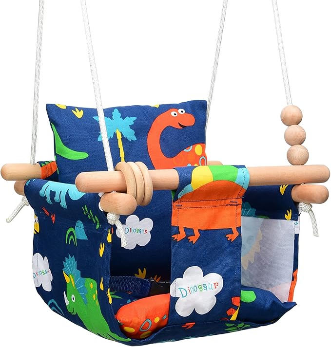 Baby Swing Outdoor for Infants to Toddler Indoor Portable Baby Swings Set with Cotton Cushion Seat Baby Hammock Swing Chair Canvas Fabric Porch Swing Outside Hanging Baby Tree Swing(Dinosaur Print)