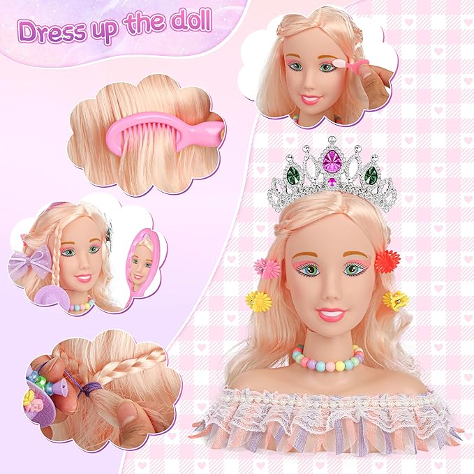 39PCS Hair Styling Doll Head Makeup Kit for Girls,Pretend Play Hair Styling Set,with Hairdryer Curling Iron Crown Hairpins Accessories Kit Birthday Gifts for 3 4 5 6+ Years Old Toy