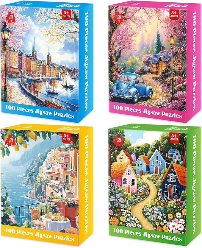 4-Pack 100 Piece Puzzle for Seniors Family Puzzles for Kids and Adults - City & Country View - Large Piece Puzzles for Kids Ages 4-6 6-8 8-10 Learning Educational Toys for Boys and Girls