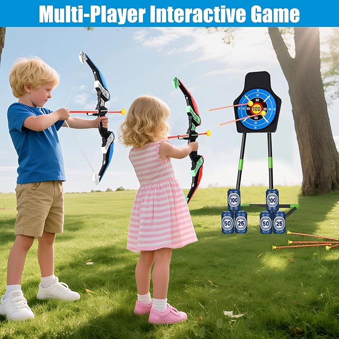 Bow and Arrow for Kids : LED Light Up Archery Set with 24 Suction Cup Arrows, 1 Standing Target, 6 Score Targets & 2 Quiver | Indoor Outdoor Sport Gifts for Boys Girls Ages 4 5 6 7 8 9 10 | 2 Pack