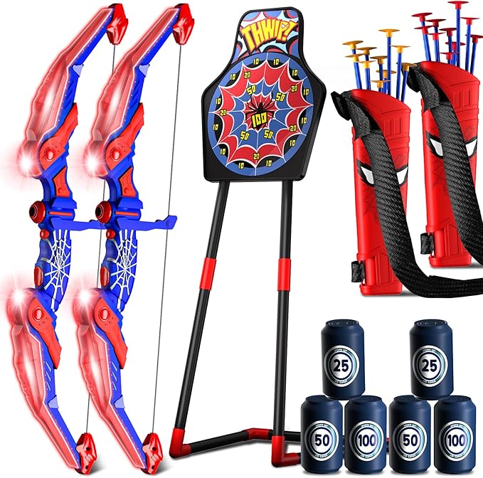 Spider Bow and Arrow Set for Kids, 2 Pack Led Archery Set, Bow Arrow Set with 20 Suction Cup Arrows, Target with Stand & 6 Target Cans, Birthday Gift Bow and Arrow Set for Kids 4-6