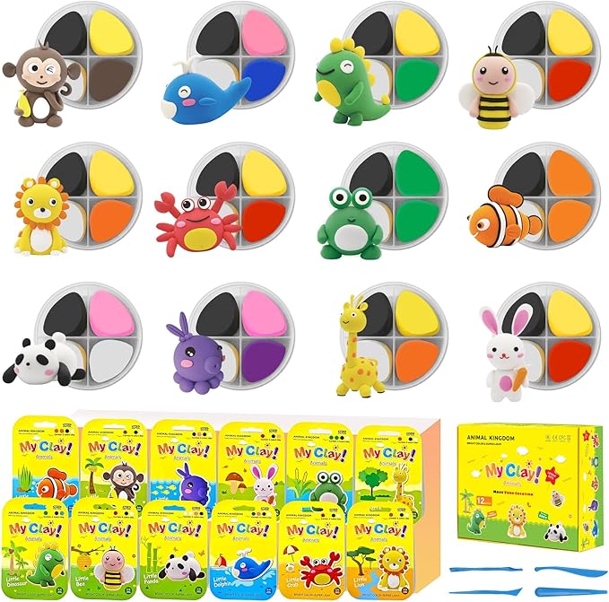 Air Dry Clay for Kids Air Clay Art Kits 12 Box Animals Theme Air Dry Modeling Clay Kit w/Sculpting Tools& Step-by-Step Tutorials,Ultra Soft Non-Sticky,Craft Party Favors Clay Toy Gift for Boys Girls