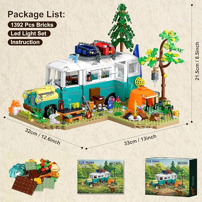 Wilderness Bus Building Set with Light, 1392PCS Camping Building Toy Kit with Removable Bus, Animals and Rich Accessories, Creative Home Decor & Display, Xmas Birthday Gifts for Adults Teens