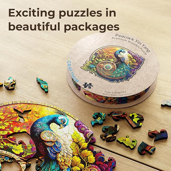 CRAFTHUB Animal Wooden Puzzles for Adults – A3 Peacock Yin Yang with 127 Pieces – Jigsaw Puzzles with Unique Animal Shapes – 10.6" x 10.7"