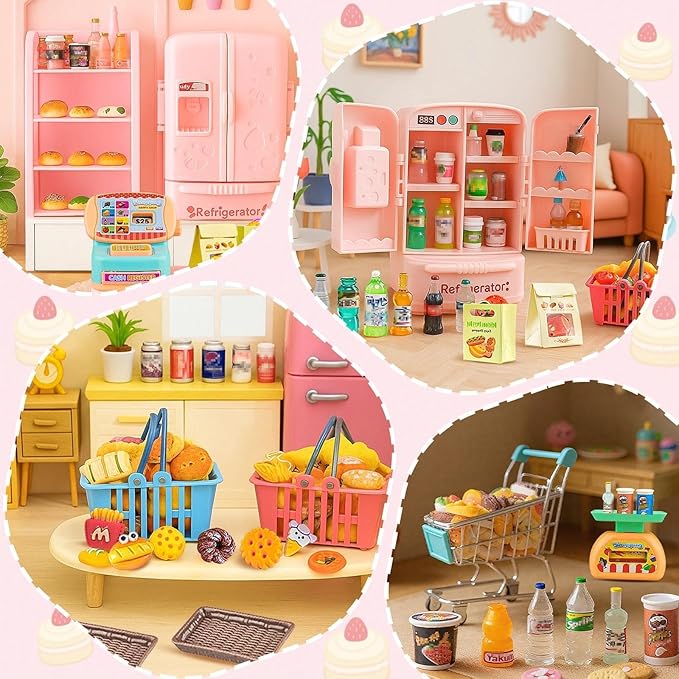180 Pcs Dollhouse Furniture Miniature Kitchen Accessories Mini Shopping Cart Metal Trolley Basket Food Drink Toy Supermarket Store Grocery Shelves Cash Register Fridge Scale Pretend Play Game Party