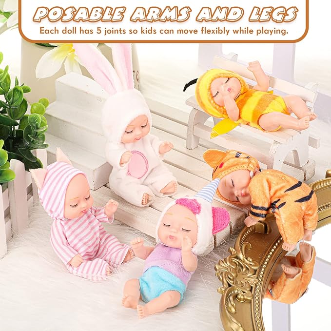 Hanaive 10 Pcs 4 Inch Mini Baby Dolls Lifelike Realistic Tiny Baby Dolls with Animal Clothes Cute Infant Figurine Gifts Set for Toddlers Girls Kids 3+ Easter Graduation Birthday(Lovely Style)