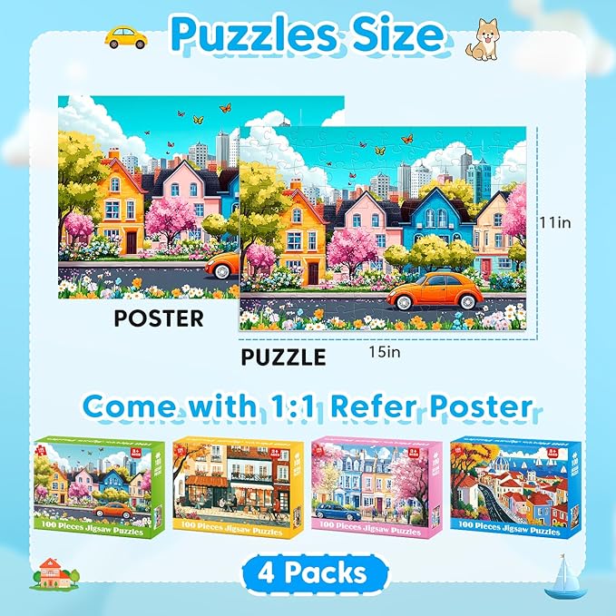 4 Packs 100 Piece Puzzles for Kids Adults, 4 in 1 Jigsaw Puzzles for Kids Ages 6-8 8-10, Beautiful House Large Piece Puzzle for Seniors Learning Educational Children Puzzle 5-8 for Boys and Girls
