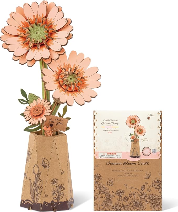 ROBOTIME 3D Puzzle Light Orange Gerbera Daisy TW111, DIY Wooden Flower Craft, Artificial Flowers Model Kit to Assemble for Adults, Home Decoration and Valentine's Day Toy Gift Set