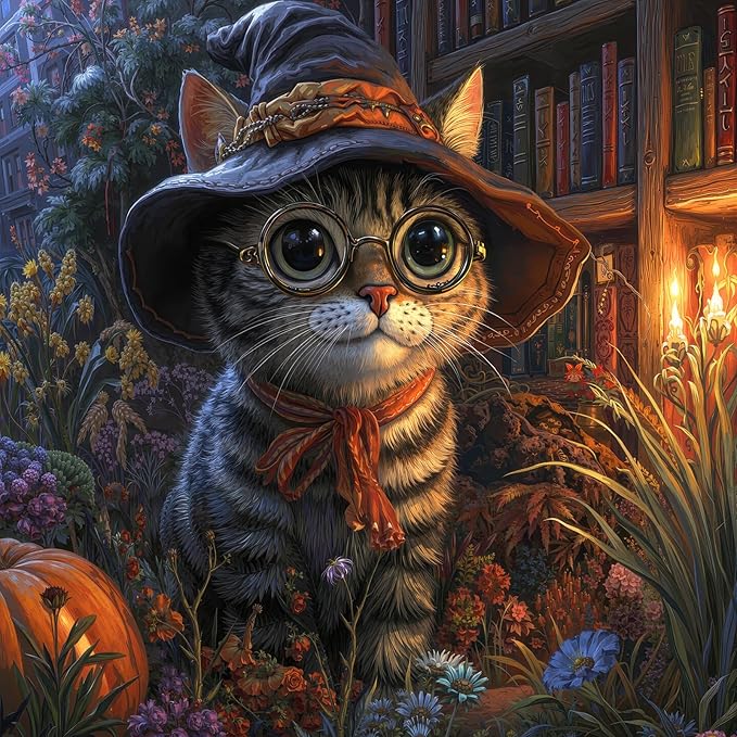 Whimsical Wizard Cat 1000 Piece Jigsaw Puzzle for Adults - Magical Library Scene with Pumpkin & Candles, Poster & Lettered Back, 22.8" Square HD Quality, Unique Gift for Cat & Fantasy Lovers