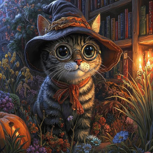 Whimsical Wizard Cat 1000 Piece Jigsaw Puzzle for Adults - Magical Library Scene with Pumpkin & Candles, Poster & Lettered Back, 22.8" Square HD Quality, Unique Gift for Cat & Fantasy Lovers