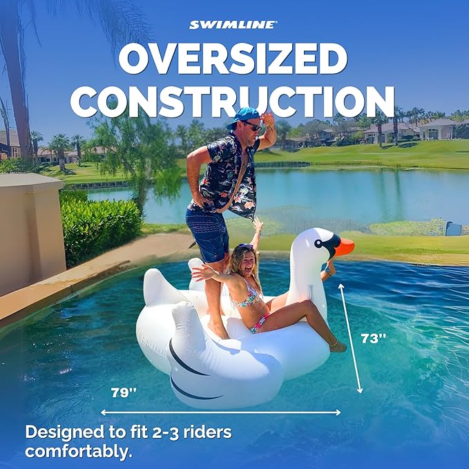 SWIMLINE ORIGINAL 90621 Giant Inflatable Swan Pool Float Floatie Ride-On Lounge W/ Stable Legs Wings Large Rideable Blow Up Summer Beach Swimming Party Lounge Big Raft Tube Decoration Toys Kids Adults