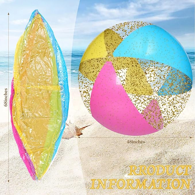 Realspring 2 Pcs 48'' Giant Beach Balls for Swimming Pool 4 Ft Jumbo Glitter Confetti Inflatable PVC Pool Balls Large Summer Blow up Beach Toys for Adults Summer Outdoor Party Favor(Colored)