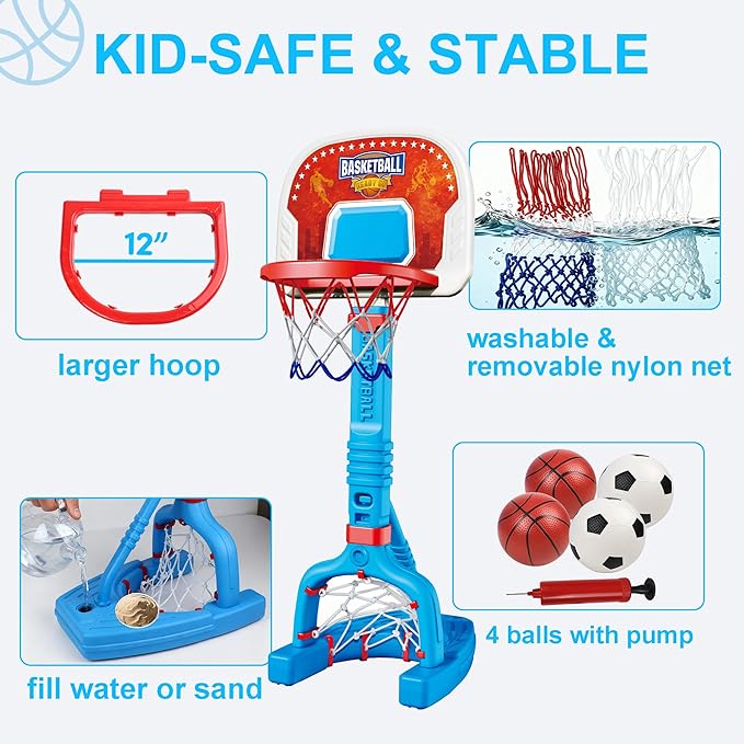 Toddler Basketball Hoop Indoor, Adjustable Kids Basketball Hoop and Soccer Goal for Ages 1-3 3-5, Portable Mini Basketball Hoop Set with 4 Balls for Boys Girls Child Indoor Outdoor Poolside