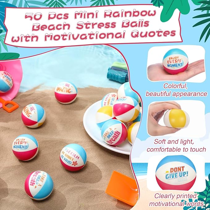 Blulu 50 Pcs Mini Beach Stress Balls with Motivational Quotes 2.5" Foam Bulk Rainbow Squeeze Sports Toys with Storage Bag for Hawaiian Beach Party Favors Birthday Gifts Rewards